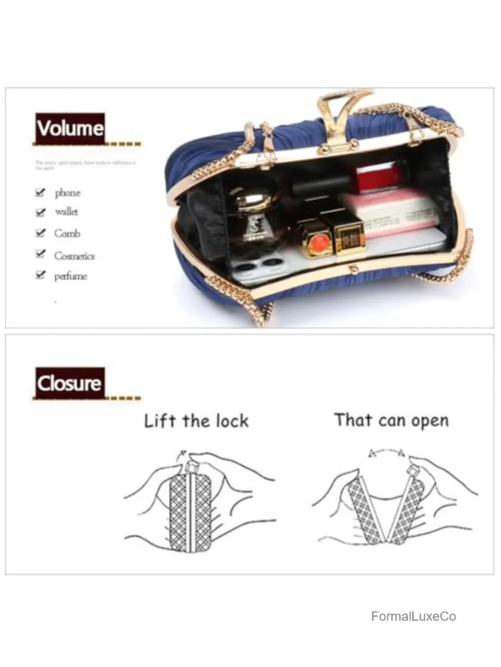 Pleated Satin Clutch Evening Bag with Rhinestone Clasp Detachable Chain Formal